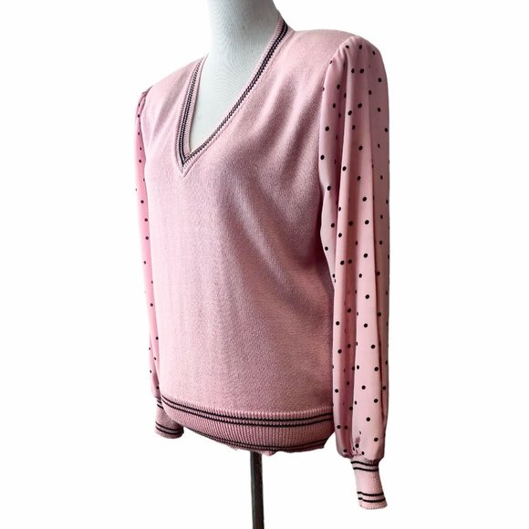 Vintage Adolph Schuman For Lilli Ann Pink V-Neck Polka Dot Sleeves Sweater 12 - Picture 2 of 9